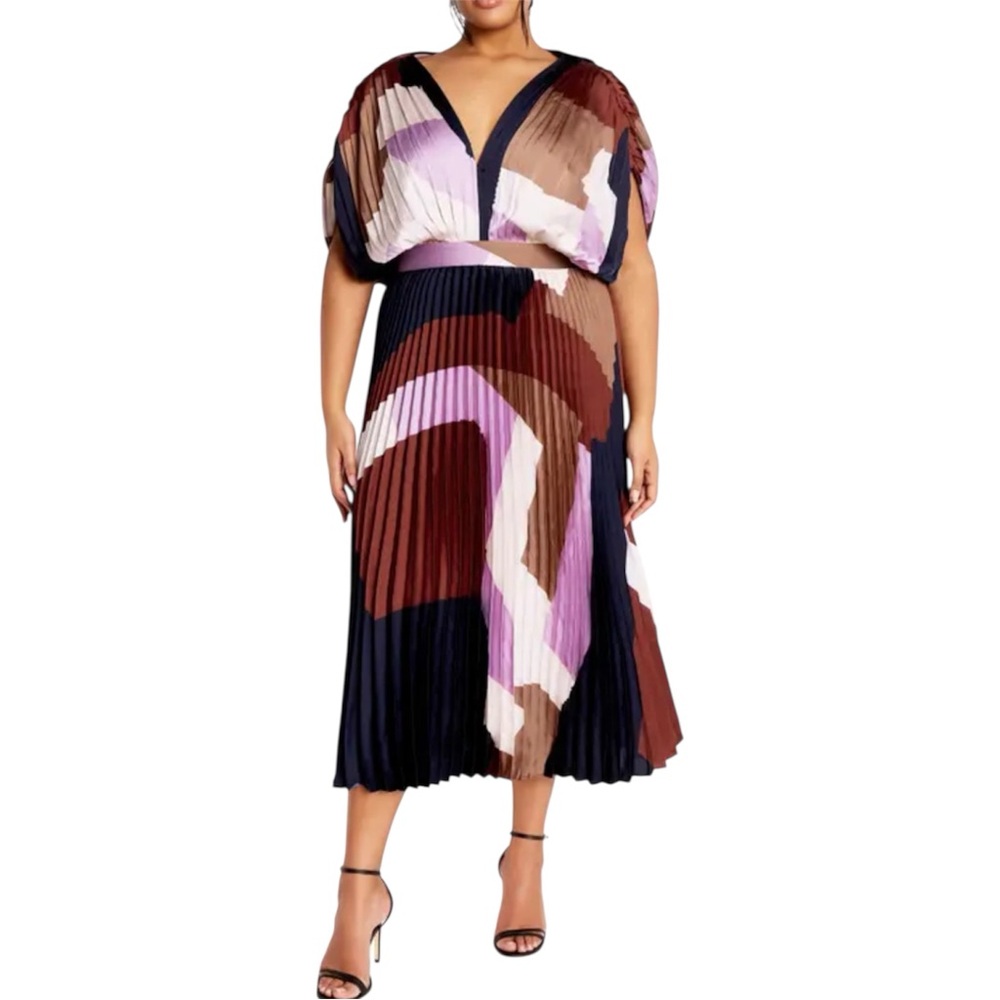 City Chic Pleated Colorblock Maxi Dress in Navy, Brown & Lavender